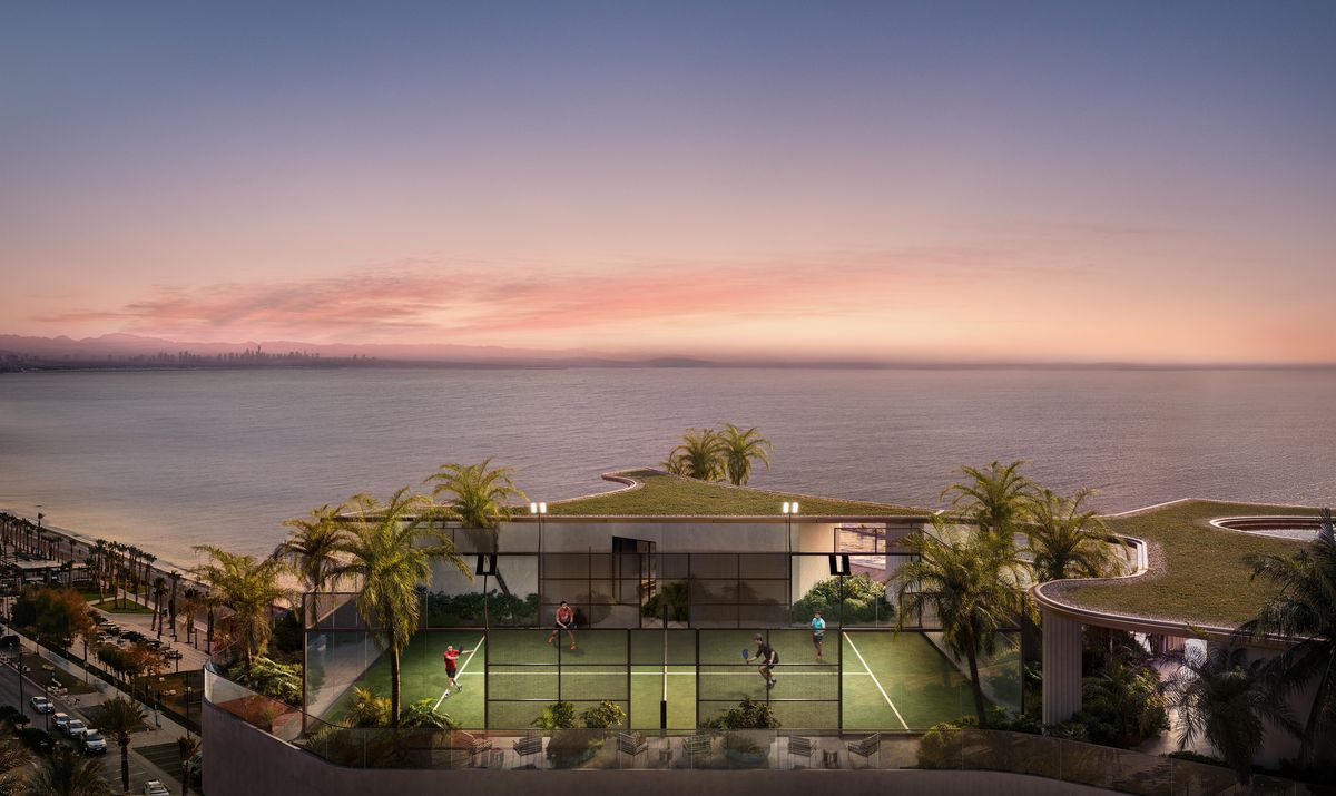 Rooftop padel court at dusk